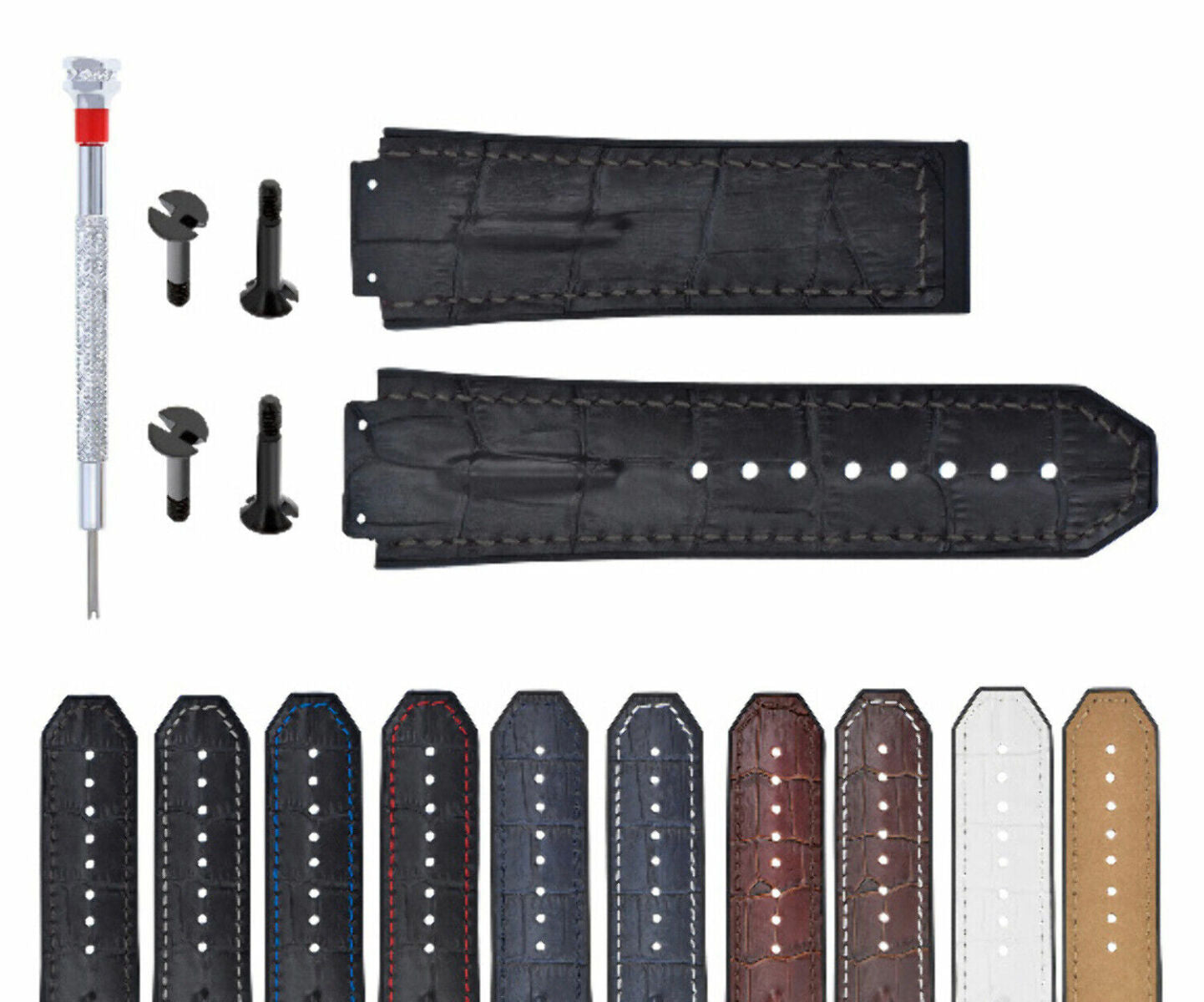 25MM-28MM LEATHER WATCH RUBBER BAND STRAP WITH 4 BLACK SCREWS DRIVER FOR HUBLOT