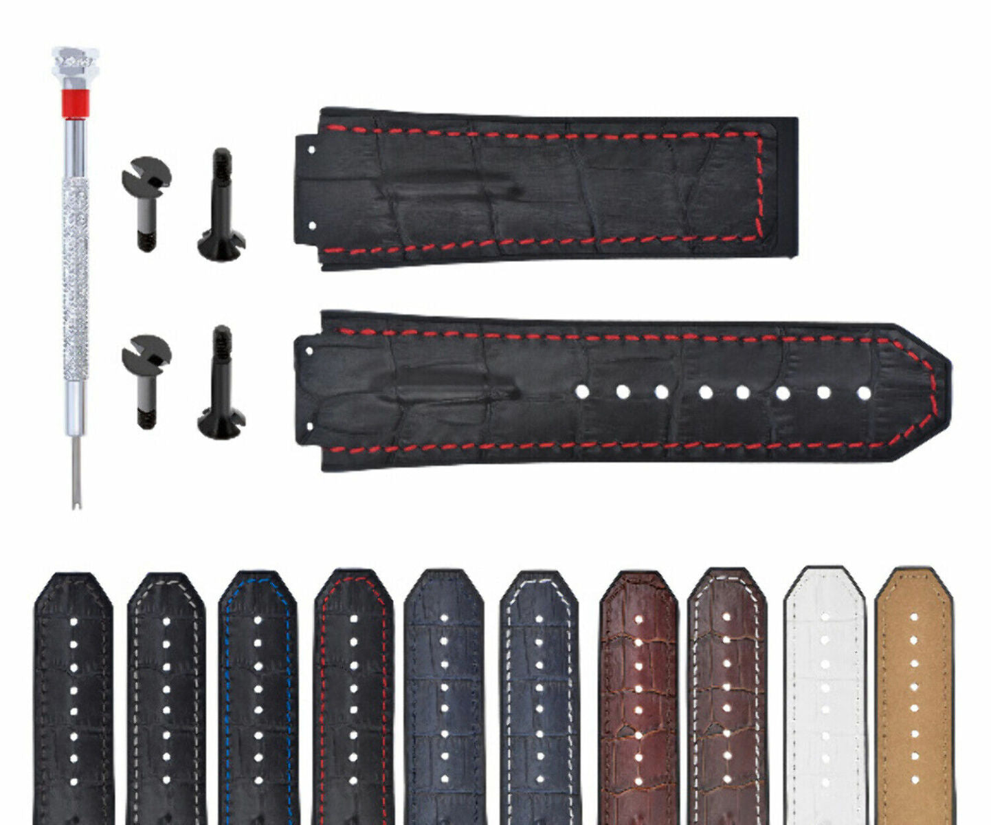 25MM-28MM LEATHER WATCH RUBBER BAND STRAP WITH 4 BLACK SCREWS DRIVER FOR HUBLOT