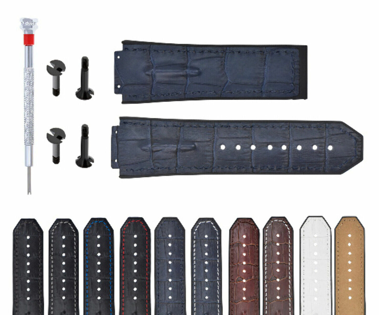 25MM-28MM LEATHER WATCH RUBBER BAND STRAP WITH 4 BLACK SCREWS DRIVER FOR HUBLOT