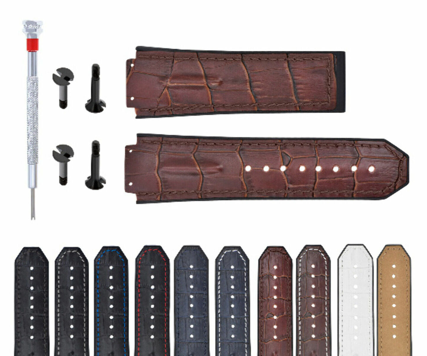 25MM-28MM LEATHER WATCH RUBBER BAND STRAP WITH 4 BLACK SCREWS DRIVER FOR HUBLOT