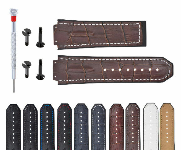 25-28MM LEATHER RUBBER STRAP FOR HUBLOT BIG BANGWITH 4 BLACK SCREW + SCREWDRIVER
