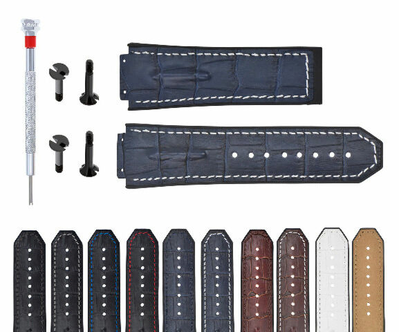 25-28MM LEATHER RUBBER STRAP FOR HUBLOT BIG BANGWITH 4 BLACK SCREW + SCREWDRIVER