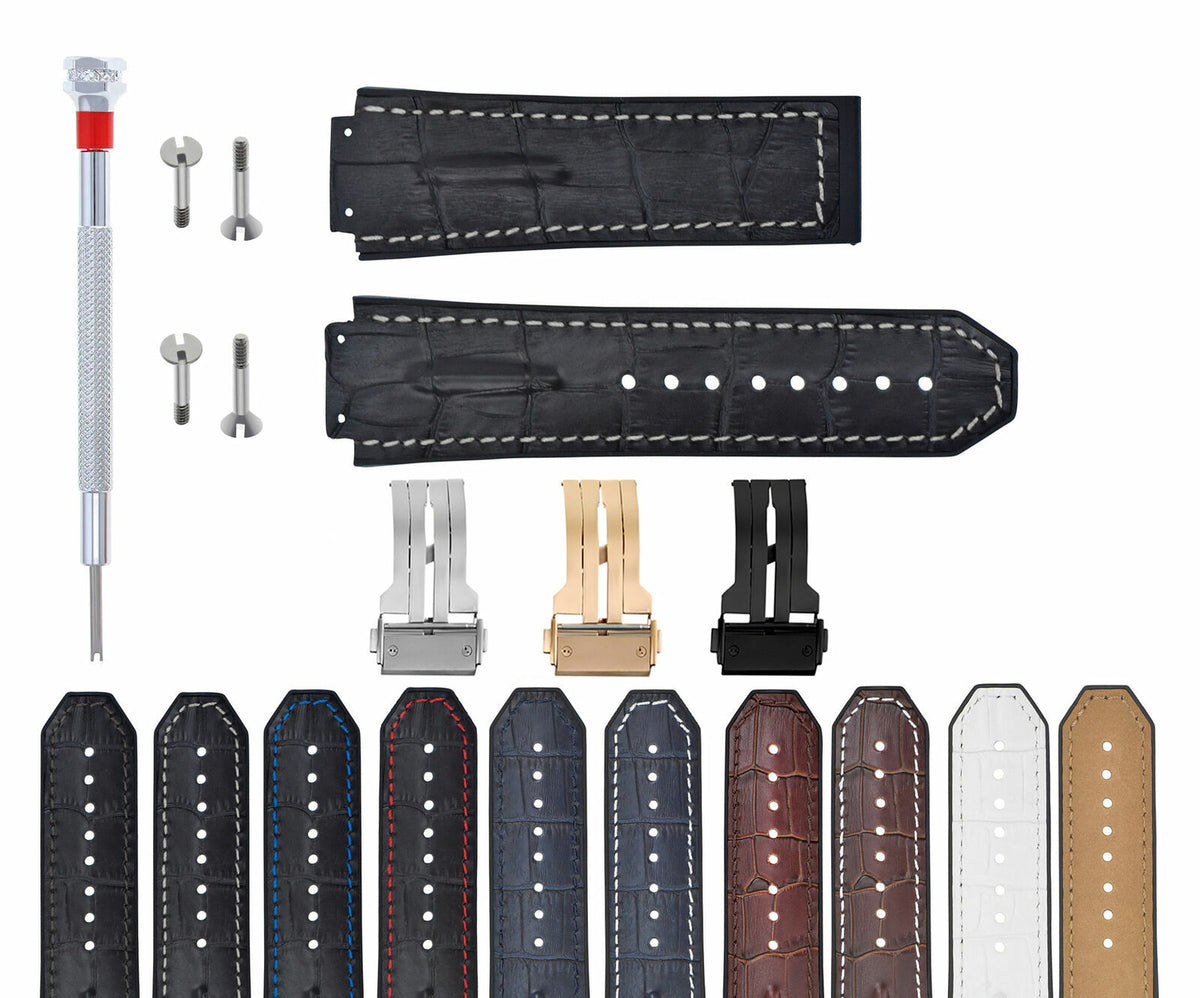 LEATHER RUBBER STRAP FOR 44-45-48MM HUBLOT BIG BANG WITH SCREWS, DRIVER + BUCKLE, Black with White Stitching