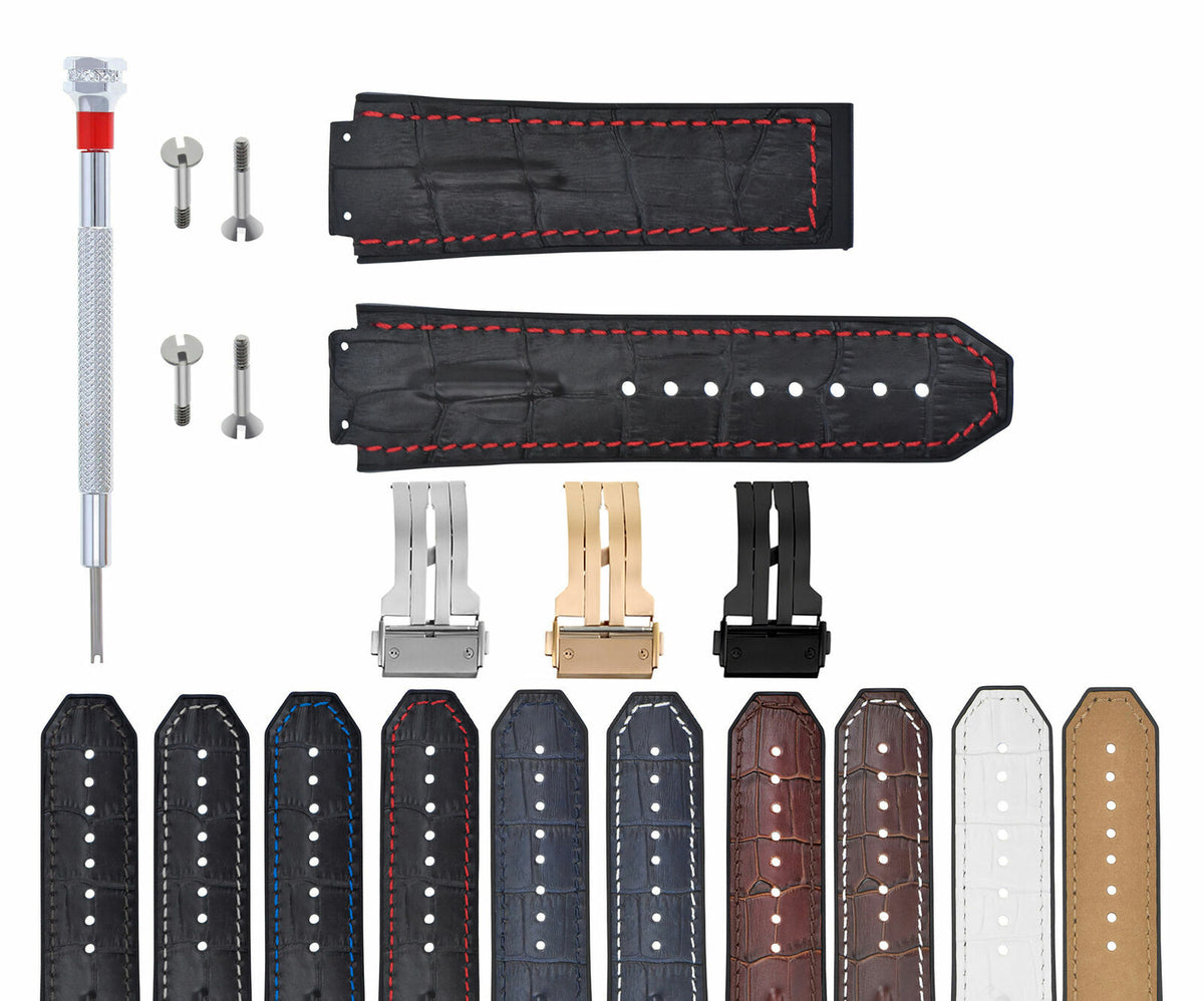 LEATHER RUBBER STRAP FOR 44-45-48MM HUBLOT BIG BANG WITH SCREWS, DRIVER + BUCKLE, Black with Red Stitching