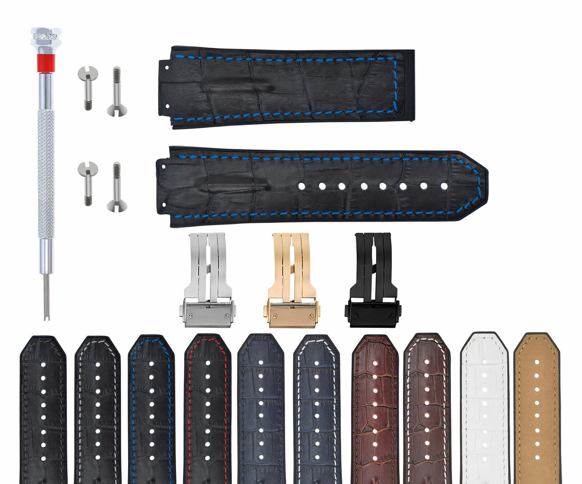LEATHER RUBBER STRAP FOR 44-45-48MM HUBLOT BIG BANG WITH SCREWS, DRIVER + BUCKLE, Black with Blue Stitching