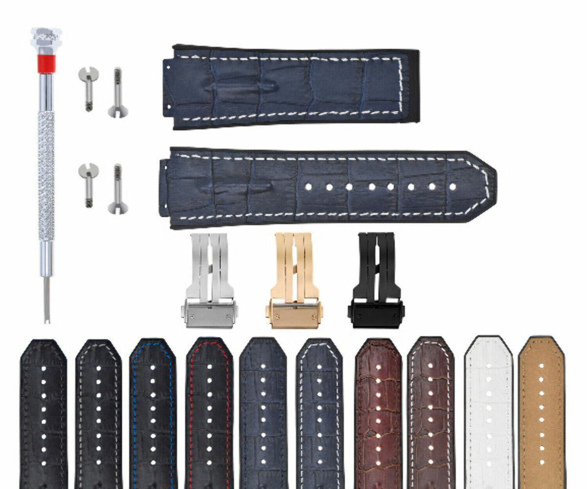 LEATHER RUBBER STRAP FOR 44-45-48MM HUBLOT BIG BANG WITH SCREWS, DRIVER + BUCKLE, Blue with White Stitching