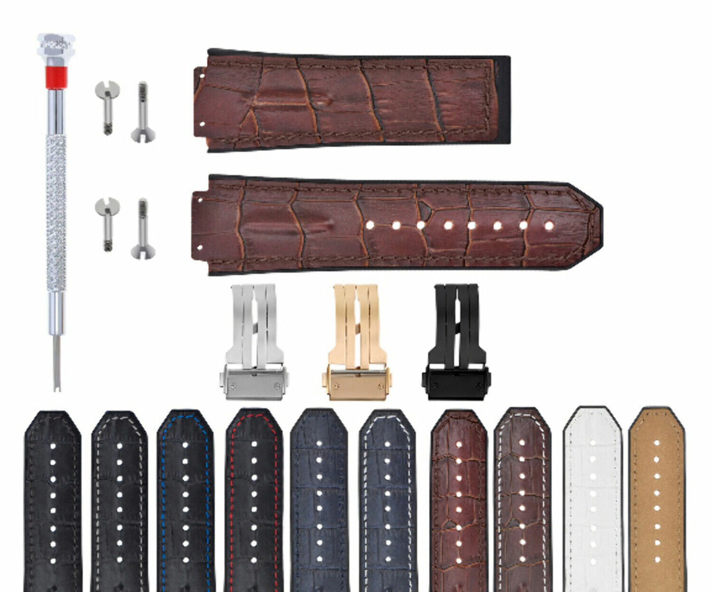 LEATHER RUBBER STRAP FOR 44-45-48MM HUBLOT BIG BANG WITH SCREWS, DRIVER + BUCKLE