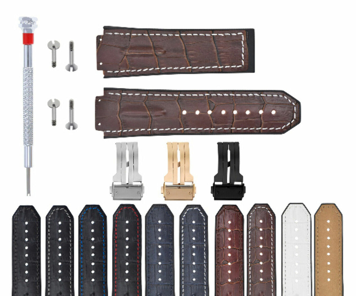 LEATHER RUBBER STRAP FOR 44-45-48MM HUBLOT BIG BANG WITH SCREWS, DRIVER + BUCKLE, Brown with White Stitching