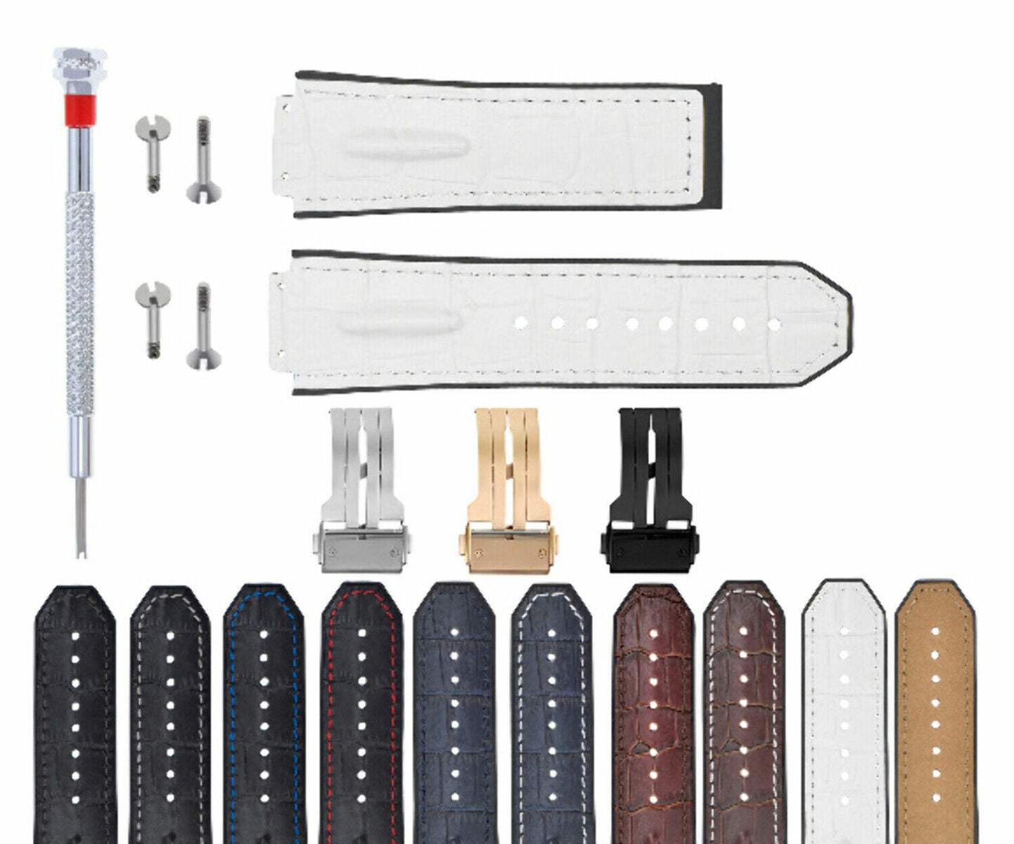 LEATHER RUBBER STRAP FOR 44-45-48MM HUBLOT BIG BANG WITH SCREWS, DRIVER + BUCKLE