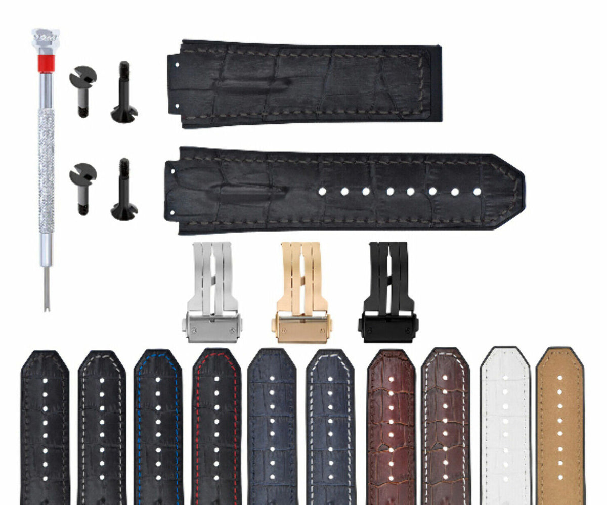 25MM 28MM LEATHER RUBBER STRAP FOR 44-45-48MM HUBLOT BIG BANG KING SCREW COMPLET, Black