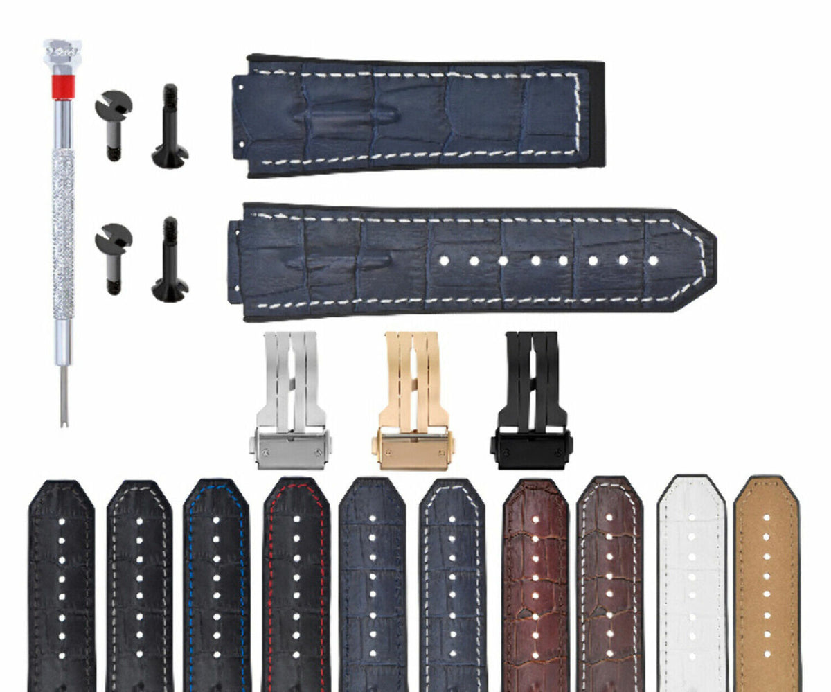 25MM 28MM LEATHER RUBBER STRAP FOR 44-45-48MM HUBLOT BIG BANG KING SCREW COMPLET, Blue with White Stitching