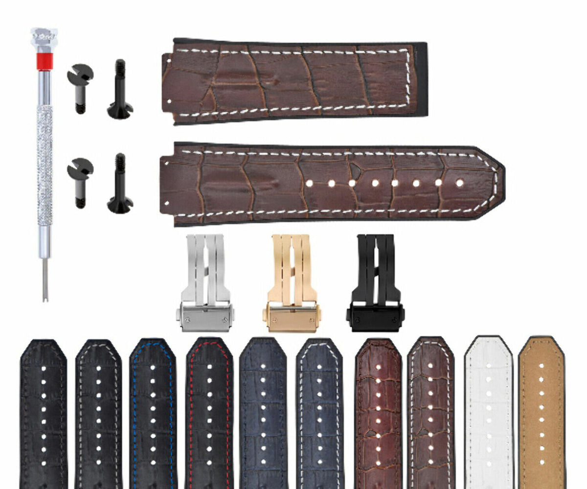 25MM 28MM LEATHER RUBBER STRAP FOR 44-45-48MM HUBLOT BIG BANG KING SCREW COMPLET, Brown with White Stitching