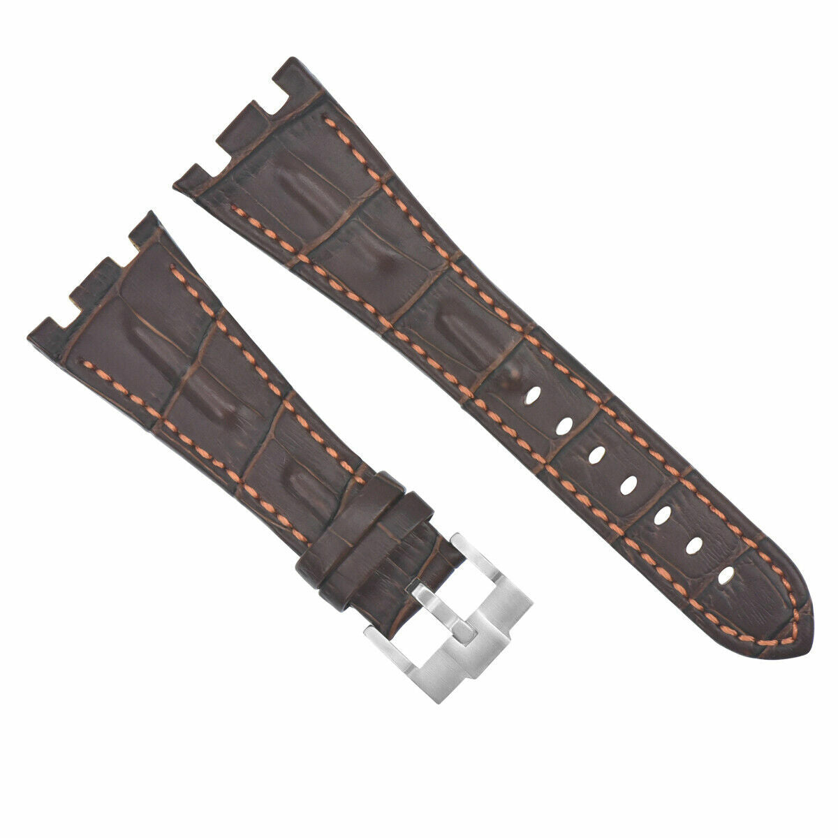 28MM LEATHER WATCH STRAP BAND FOR AP 42MM AUDEMARS PIGUET ROO ROYAL OAK OFFSHORE, Brown with Orange Stitching, front view