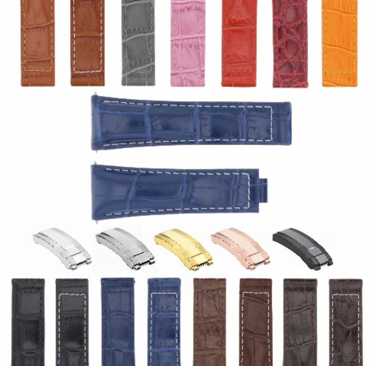 20MM LEATHER ALLIGATOR STRAP BAND CLASP FOR ROLEX DAYTONA 16520,116519 PRESIDENT, Blue with White Stitching (Regular)