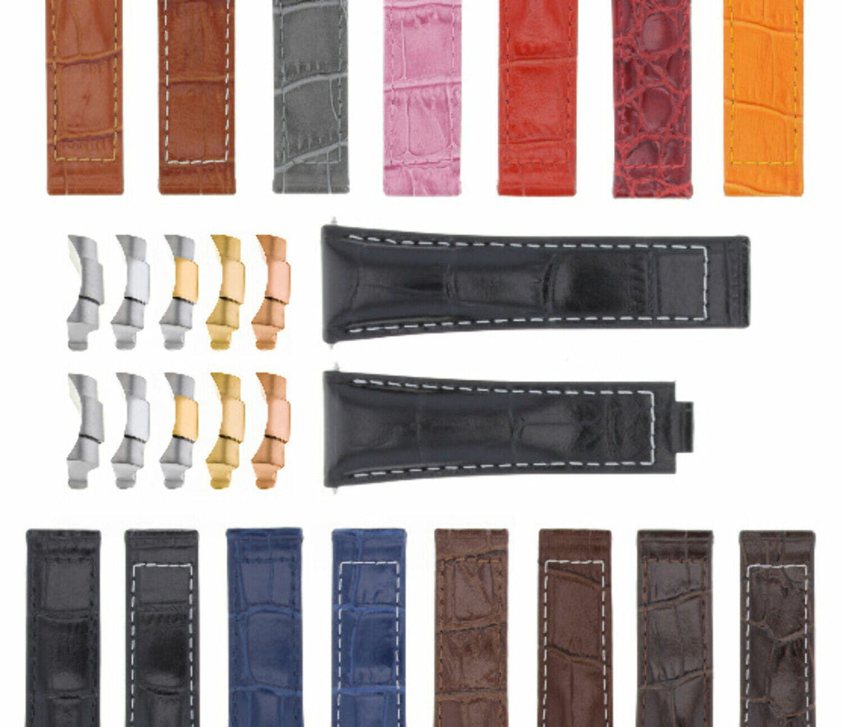 20MM LEATHER ALLIGATOR STRAP BAND END PIECE FOR ROLEX DAYTONA SHORT MEDIUM LONG, Black with White Stitching (Regular)