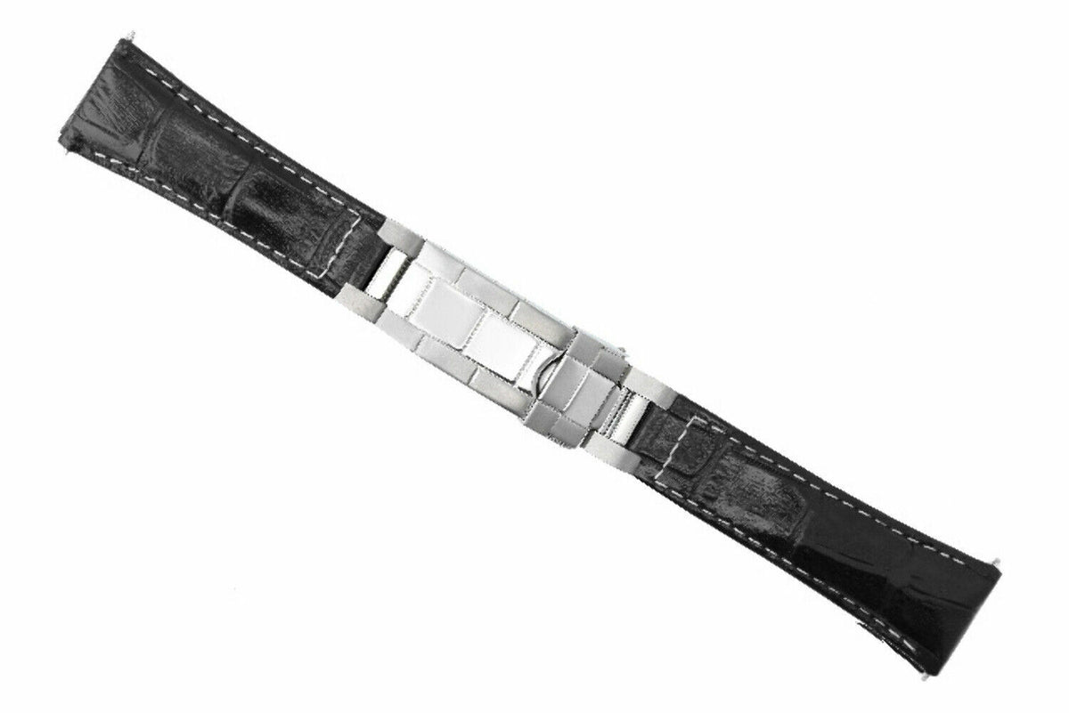 20MM LEATHER WATCH BAND STRAP FOR ROLEX DATEJUST SUBMARINER GMT EXPLORER, Black White Stitching (Regular)