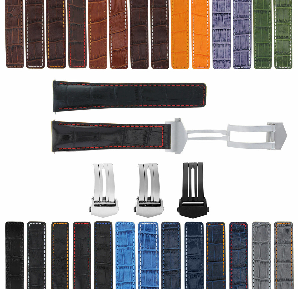 19-20-21-22MM LEATHER WATCH BAND STRAP FOR TAG HEUER CARRERA DEPLOYMENT CLASP, Black with Red Stitching