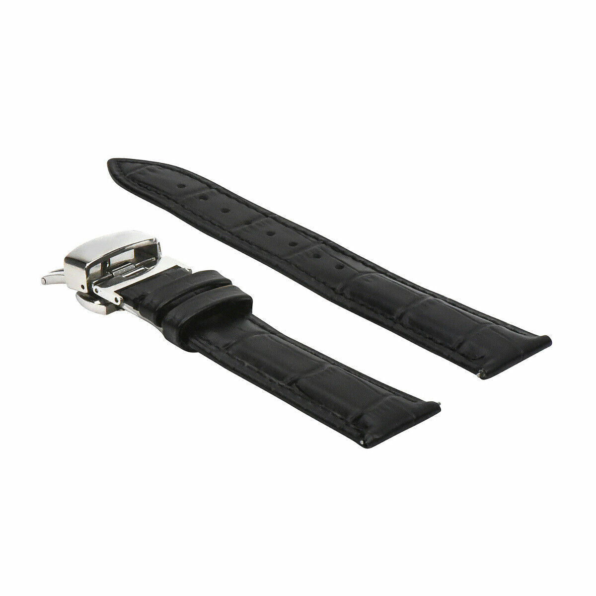 16-18-19-20-22-24MM LEATHER WATCH BAND STRAP UNIVERSAL DEPLOYMENT CLASP STEEL, Black, view 3