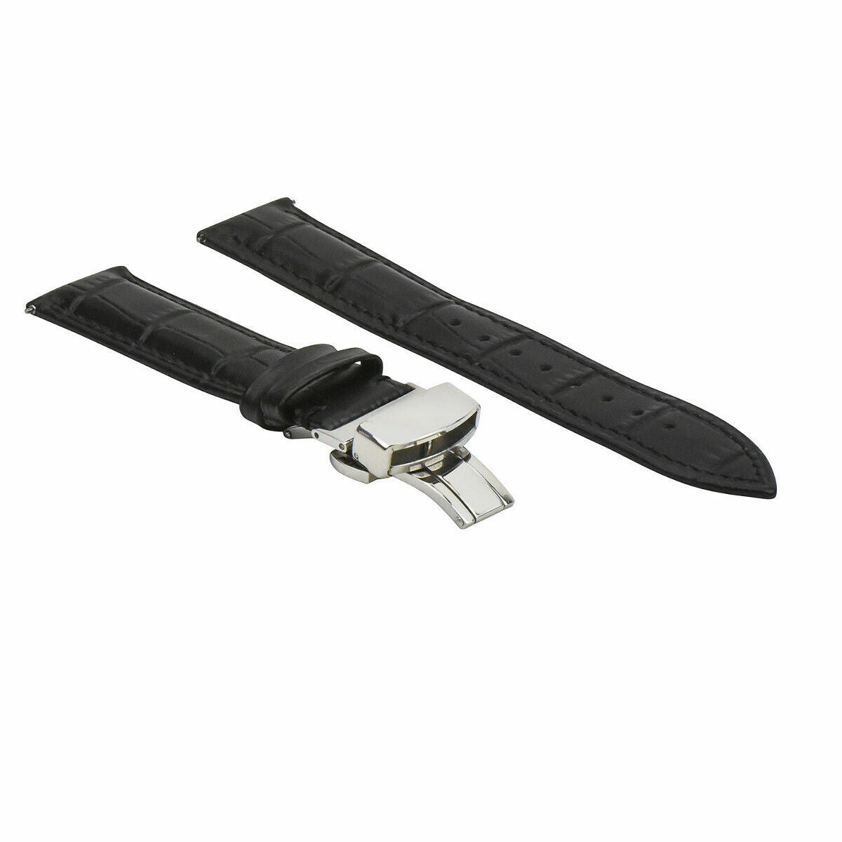 16-18-19-20-22-24MM LEATHER WATCH BAND STRAP UNIVERSAL DEPLOYMENT CLASP STEEL, Black, view 4
