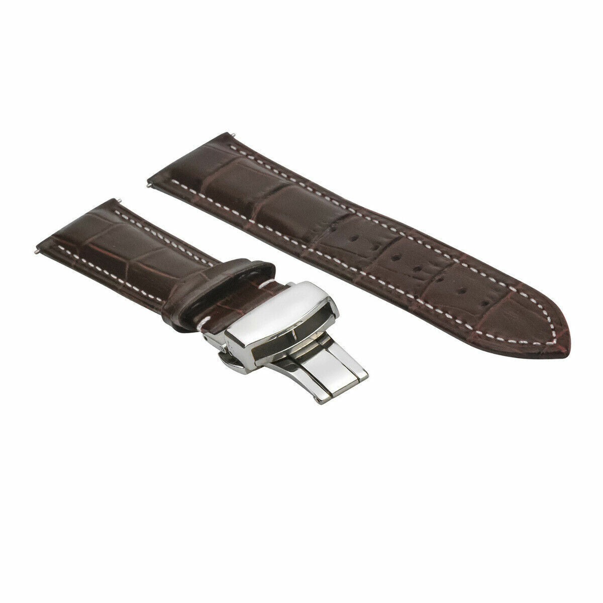 16-18-19-20-22-24MM LEATHER WATCH BAND STRAP UNIVERSAL DEPLOYMENT CLASP STEEL, Brown with White Stitching, view 4