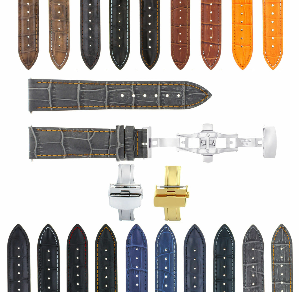 17MM-24MM GENUINE REPLACEMENT LEATHER WATCH BAND STRAP WITH CLASP FOR SEIKO, Grey with Orange Stitching