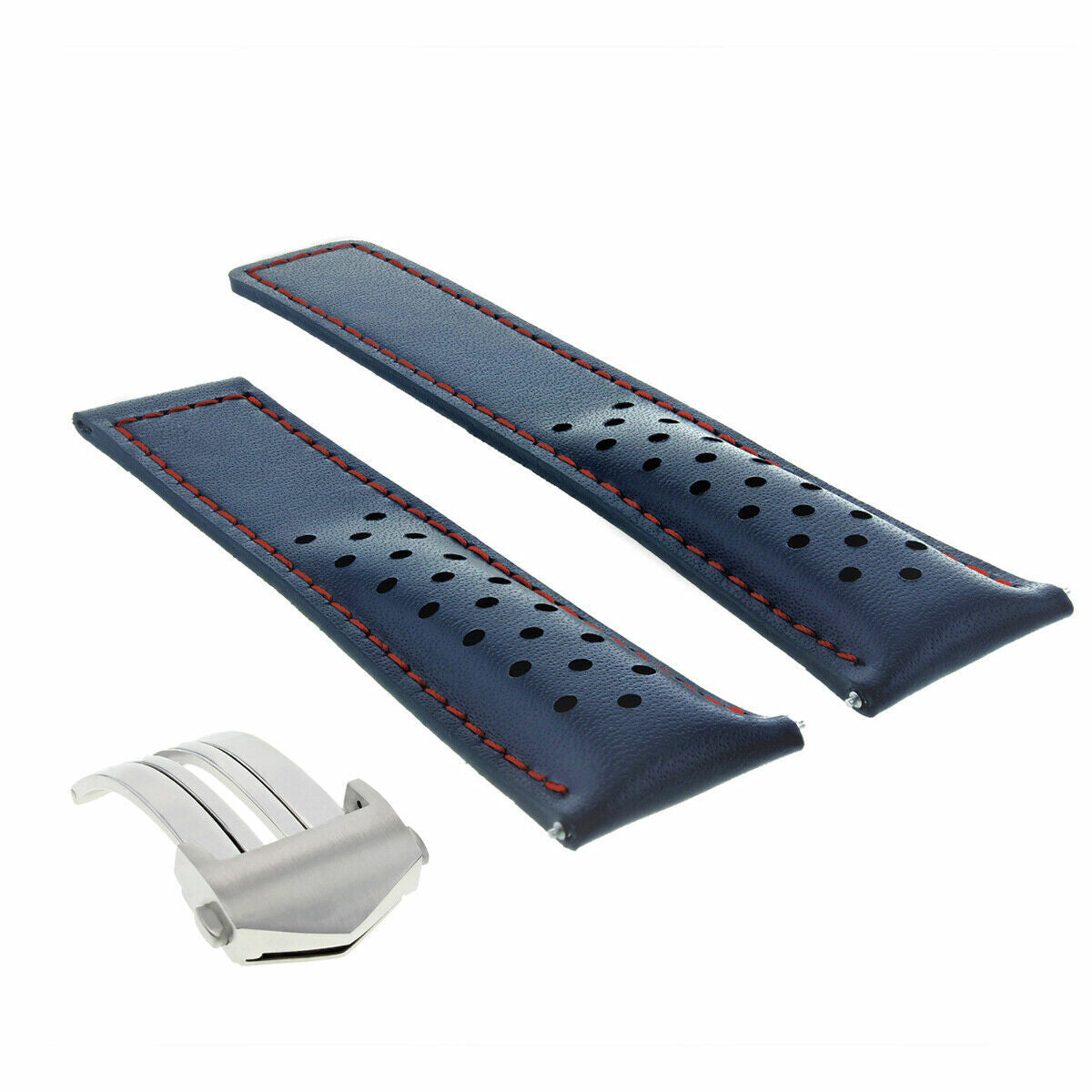 19MM LEATHER WATCH BAND STRAP FOR TAG HEUER CARERRA TWIN TIME PERFORAT BLUE/RED