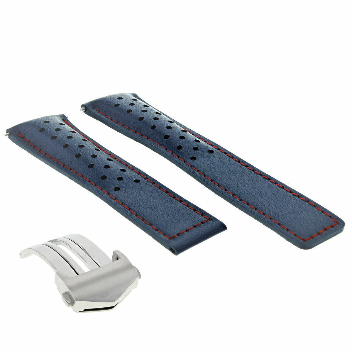 19MM LEATHER WATCH BAND STRAP FOR TAG HEUER CARERRA TWIN TIME PERFORAT BLUE/RED