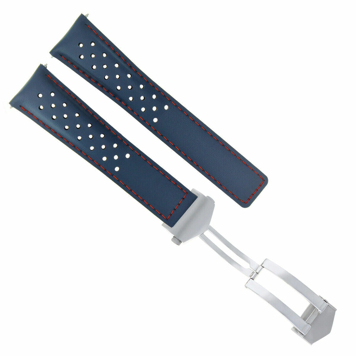 19MM LEATHER WATCH BAND STRAP FOR TAG HEUER CARERRA TWIN TIME PERFORAT BLUE/RED