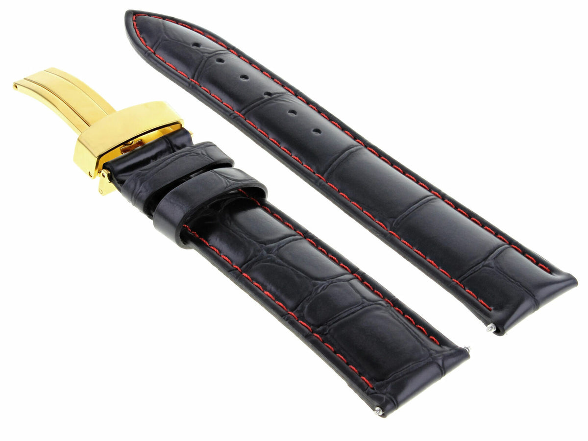 17-18-19-20-21-22-23-24MM LEATHER STRAP BAND DEPLOYMENT CLASP FOR TISSOT GOLD, Black with Red Stitching, view 3