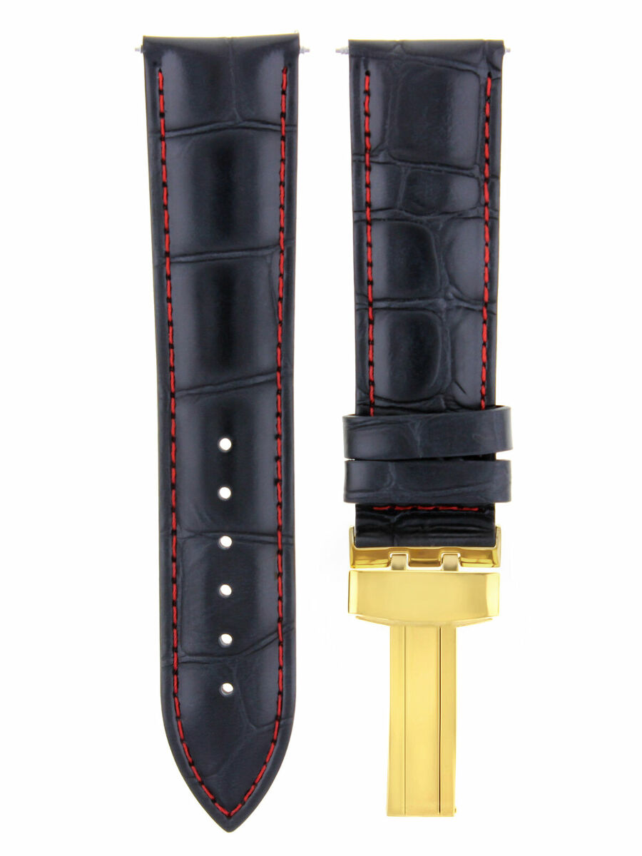 17-18-19-20-21-22-23-24MM LEATHER STRAP BAND DEPLOYMENT CLASP FOR TISSOT GOLD, Black with Red Stitching
