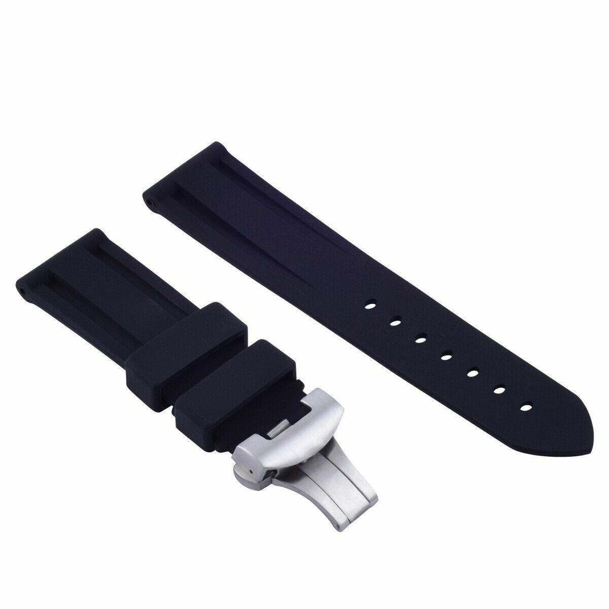 22MM-24MM RUBBER WATCH BAND STRAP WITH DEPLOYMENT CLASP FOR PANERAI DIVER, Black, front view