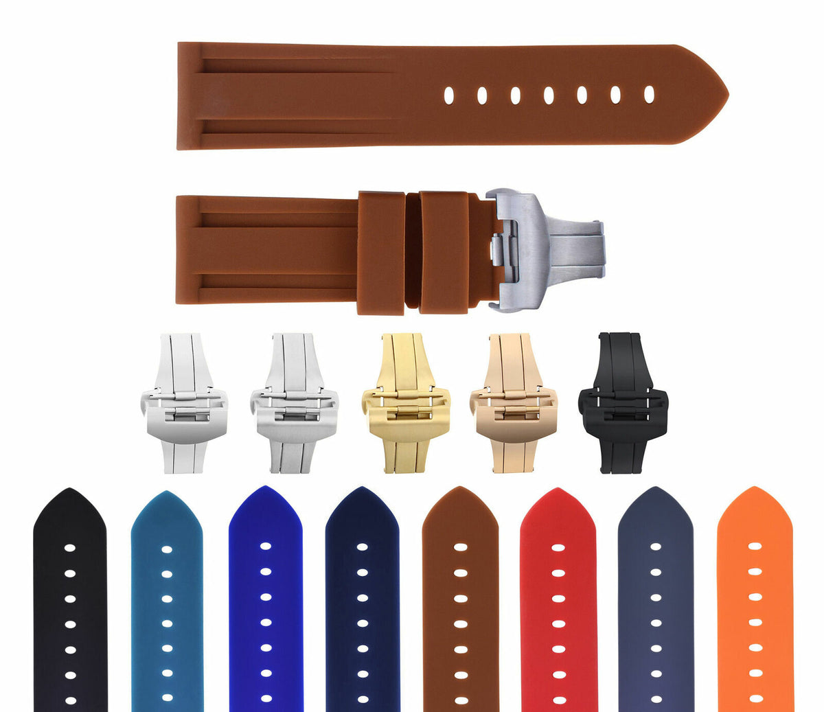 22MM-24MM RUBBER WATCH BAND STRAP WITH DEPLOYMENT CLASP FOR PANERAI DIVER, Brown