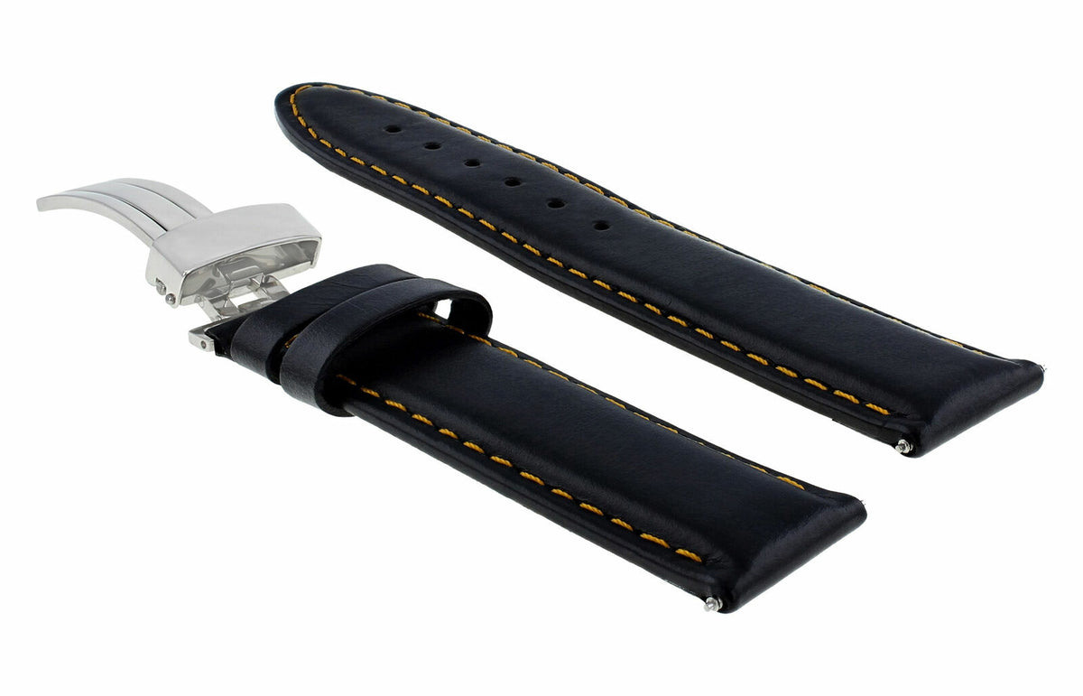 18MM 19MM 20MM 22MM 24MM CLASSIC MENS LEATHER WATCH BAND STRAP FOR CITIZEN, Black with Orange Stitching, front view