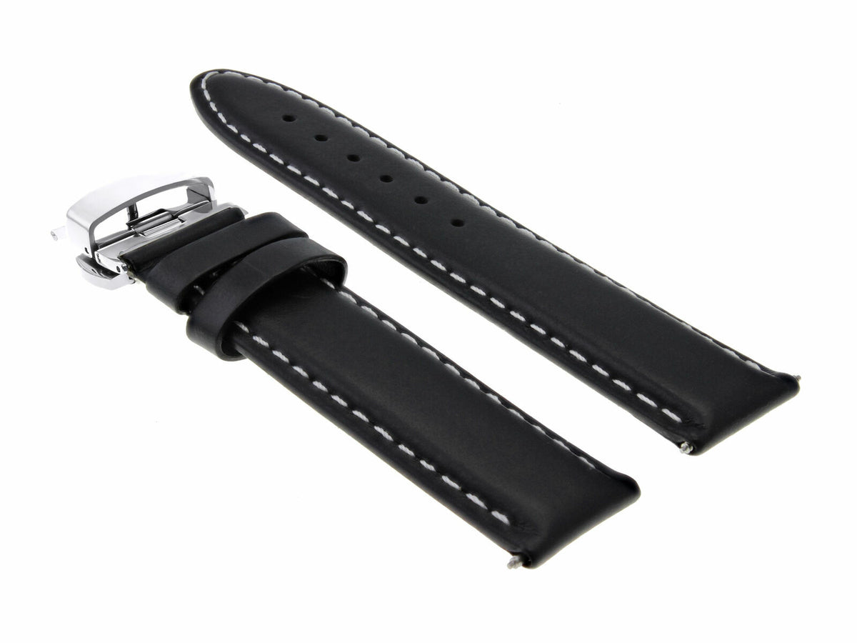 18MM-24MM CLASSIC MENS LEATHER WATCH BAND STRAP SMOOTH WITH CLASP FOR ANONIMO, Black with White Stitching, view 4