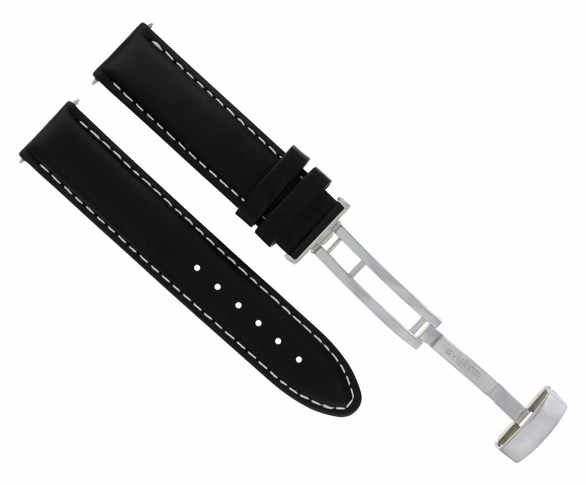 18MM 19MM 20MM 22MM 24MM CLASSIC MENS LEATHER WATCH BAND STRAP SMOOTH FOR CASIO, Black with White Stitching, view 3