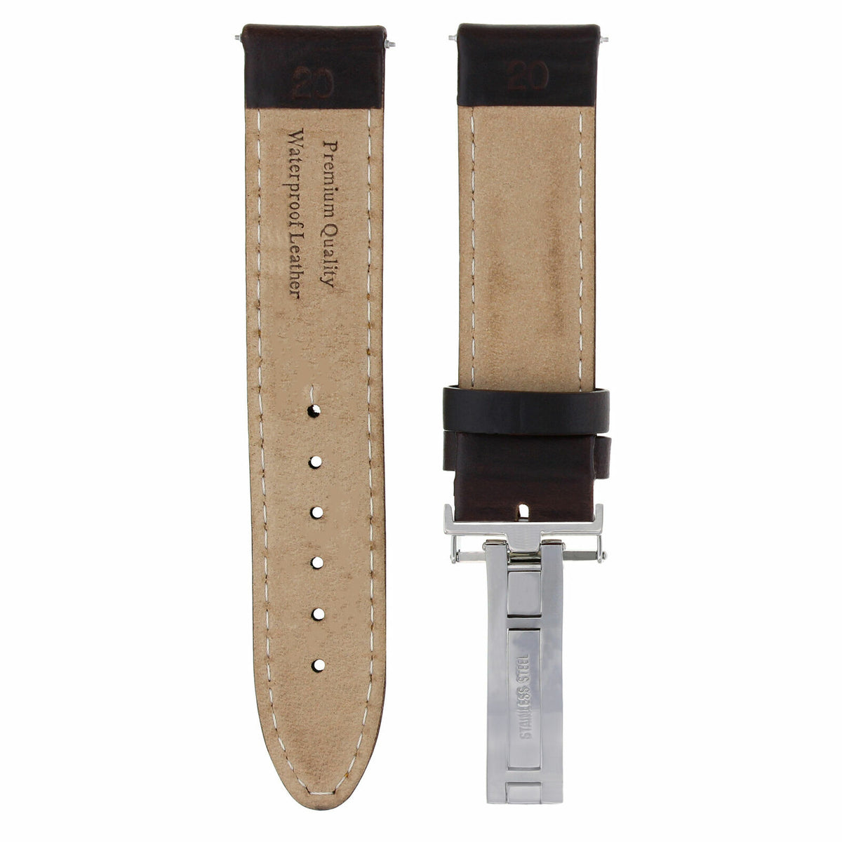 18MM 19MM 20MM 22MM 24MM LEATHER WATCH BAND STRAP SMOOTH WITH CLASP FOR PANERAI, Dark Brown Orange Stitching, underside view