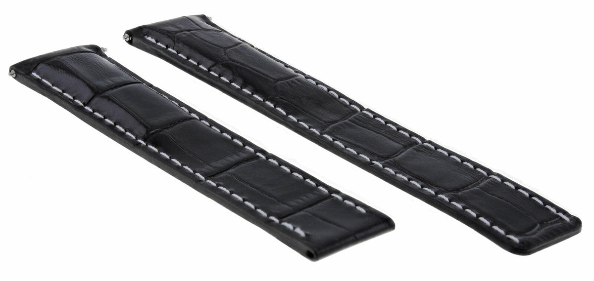18-20MM LEATHER WATCH BAND STRAP FOR CARTIER TANK SOLO FRANCAISE DEPLOYMEN CLASP, Black with White Stitching, front view