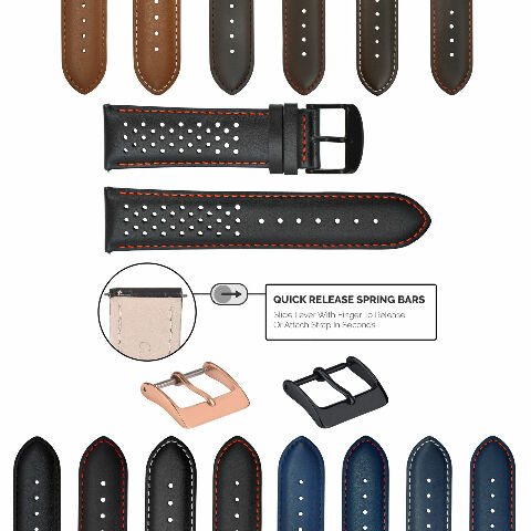 PERFORATED LEATHER RALLY WATCH STRAP BAND - QUICK RELEASE 18-19-20-21-22-23-24MM