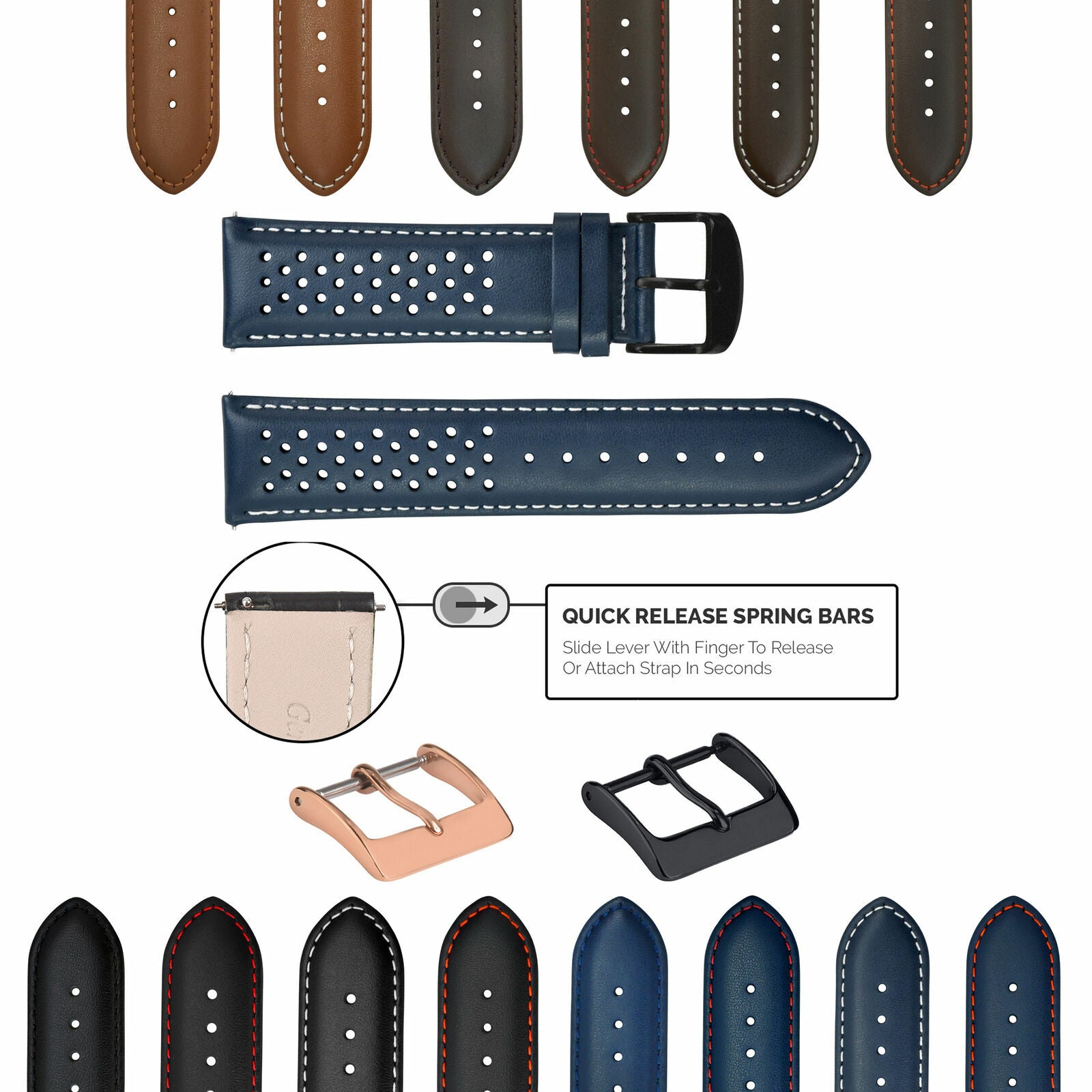PERFORATED LEATHER RALLY WATCH STRAP BAND - QUICK RELEASE - 24MM