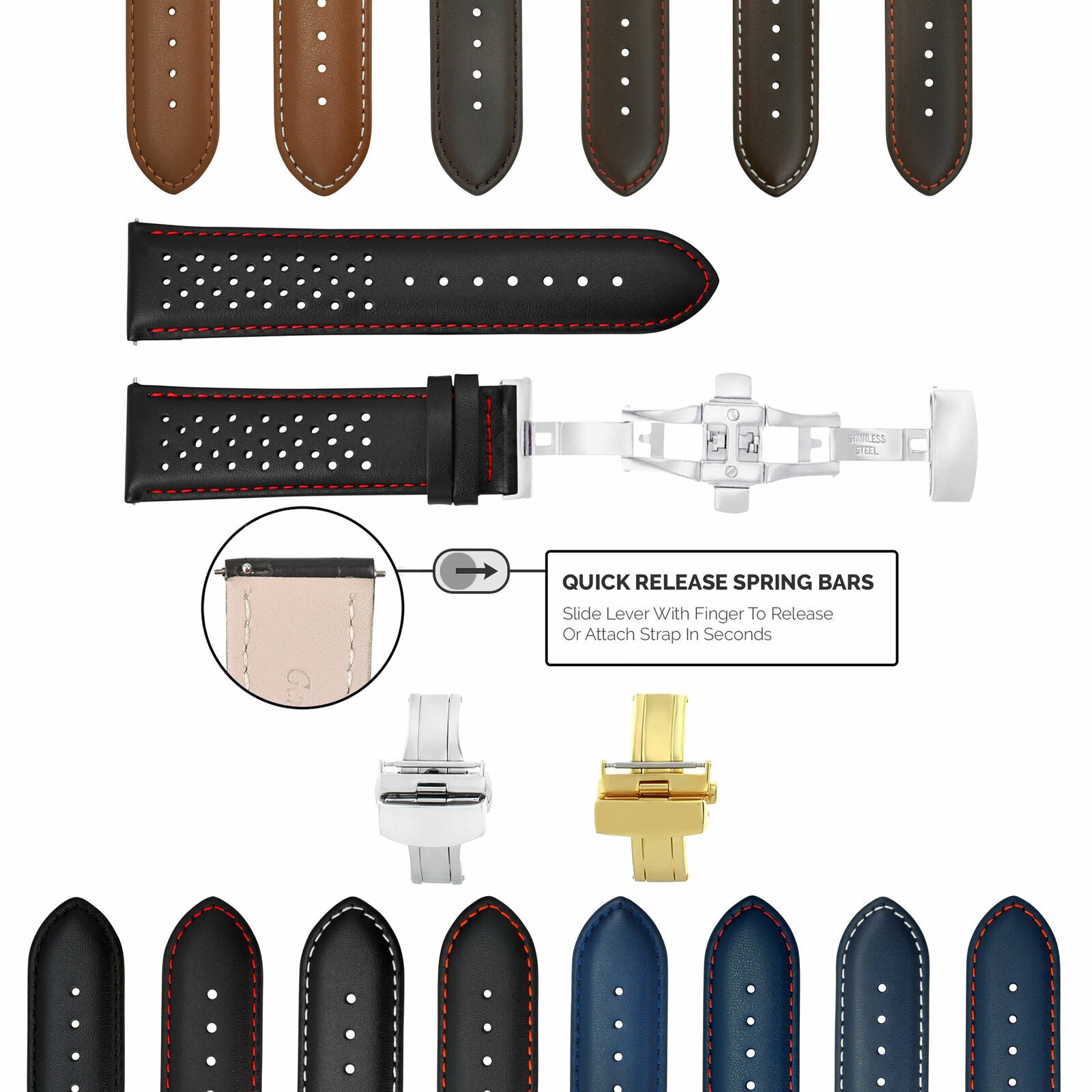 PERFORATED LEATHER RALLY WATCH STRAP BAND - QUICK RELEASE - 24MM