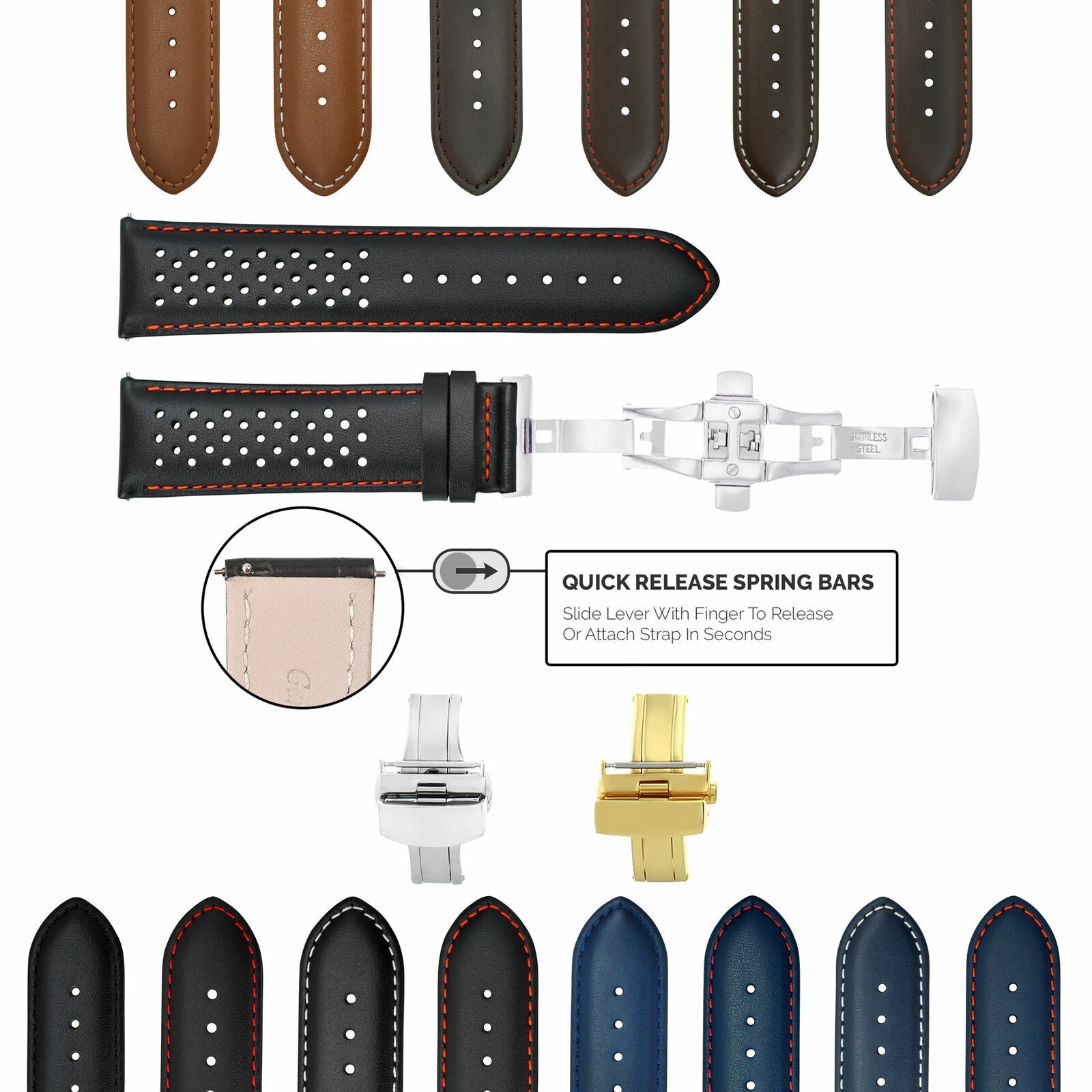 PERFORATED LEATHER RALLY WATCH STRAP BAND - QUICK RELEASE - 24MM