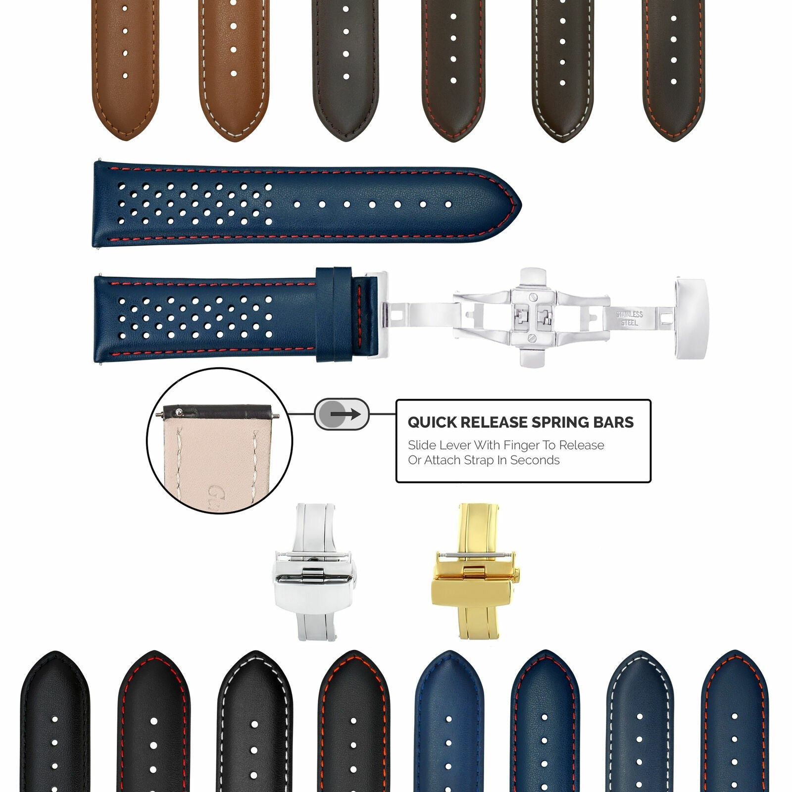 18MM-24MM PERFORATED LEATHER WATCH BAND STRAP EASY RELEASE BUCKLE FOR TUDOR