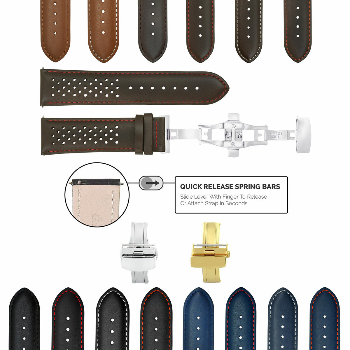18-19-20-21-22-23-24MM PERFORAT LEATHER WATCH BAND STRAP FOR TISSOT QUIK RELEASE, Brown with Red Stitching