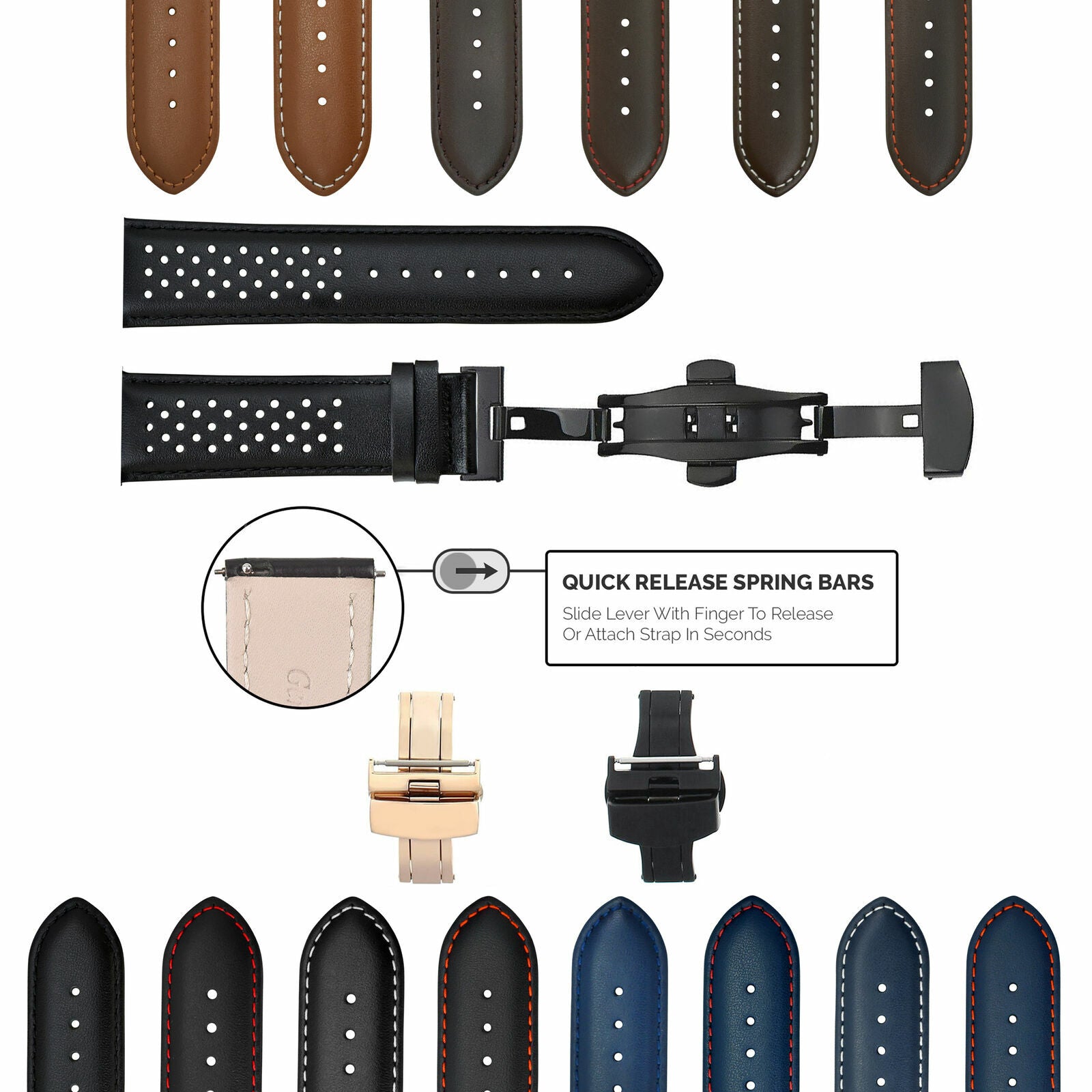 PERFORATED LEATHER RALLY WATCH STRAP BAND - QUICK RELEASE - 22MM