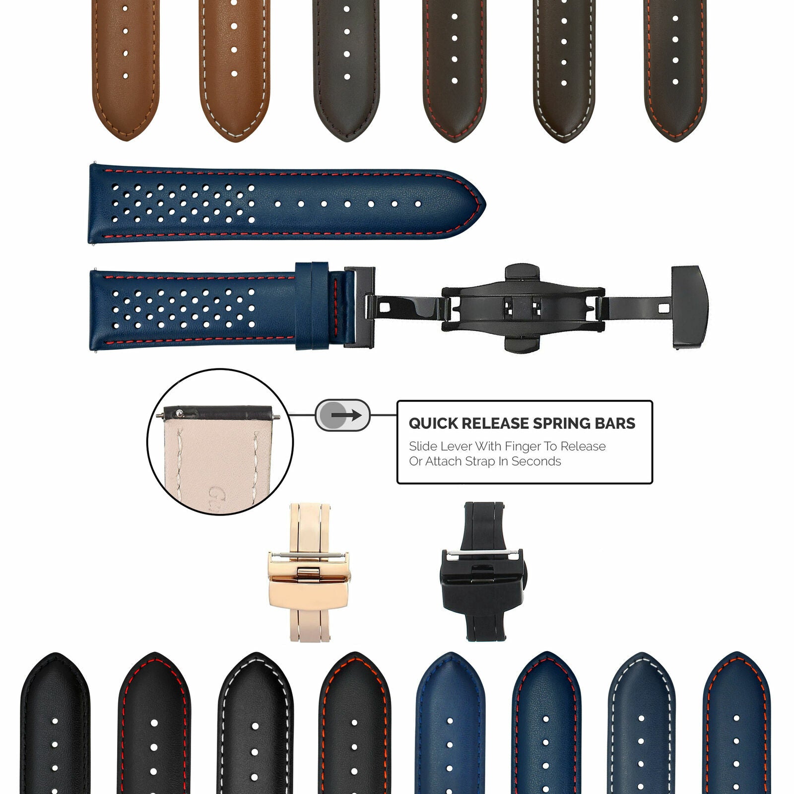 PERFORATED LEATHER RALLY WATCH STRAP BAND - QUICK RELEASE - 22MM