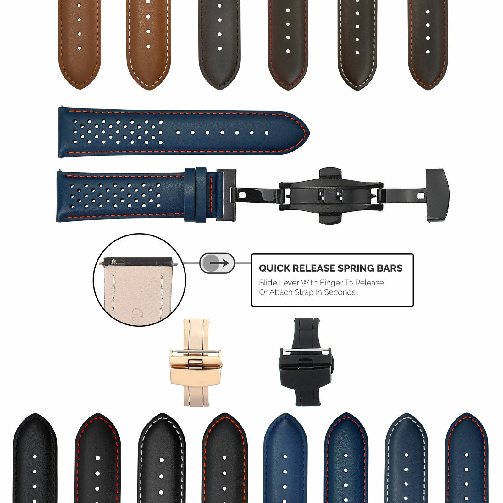 PERFORATED LEATHER RALLY WATCH STRAP BAND - QUICK RELEASE - 22MM