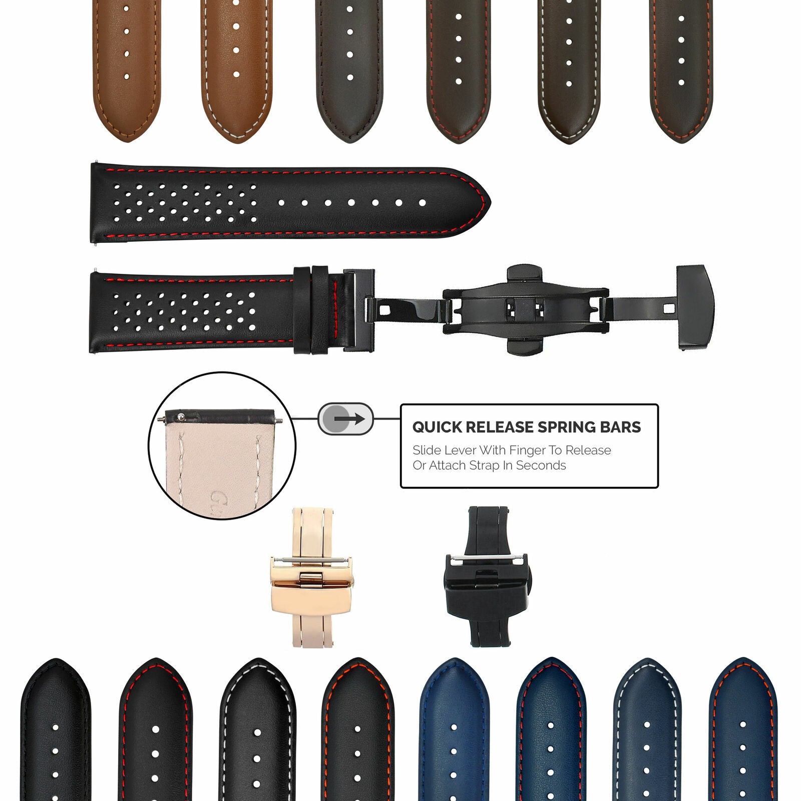 PERFORATED LEATHER RALLY WATCH STRAP BAND - QUICK RELEASE - 22MM