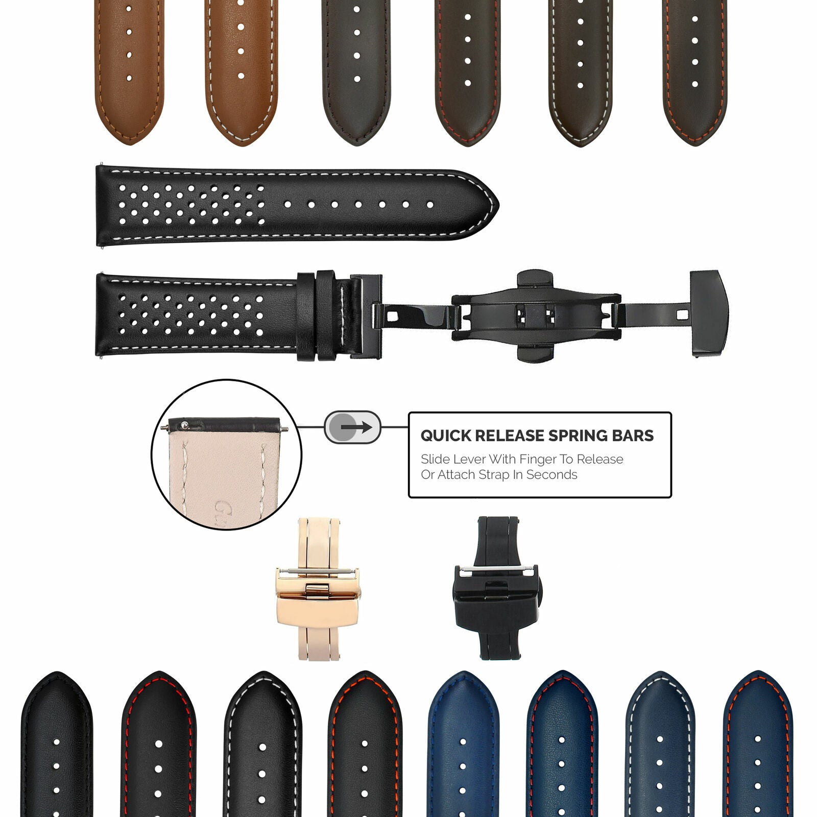 PERFORATED LEATHER RALLY WATCH STRAP BAND - QUICK RELEASE - 22MM
