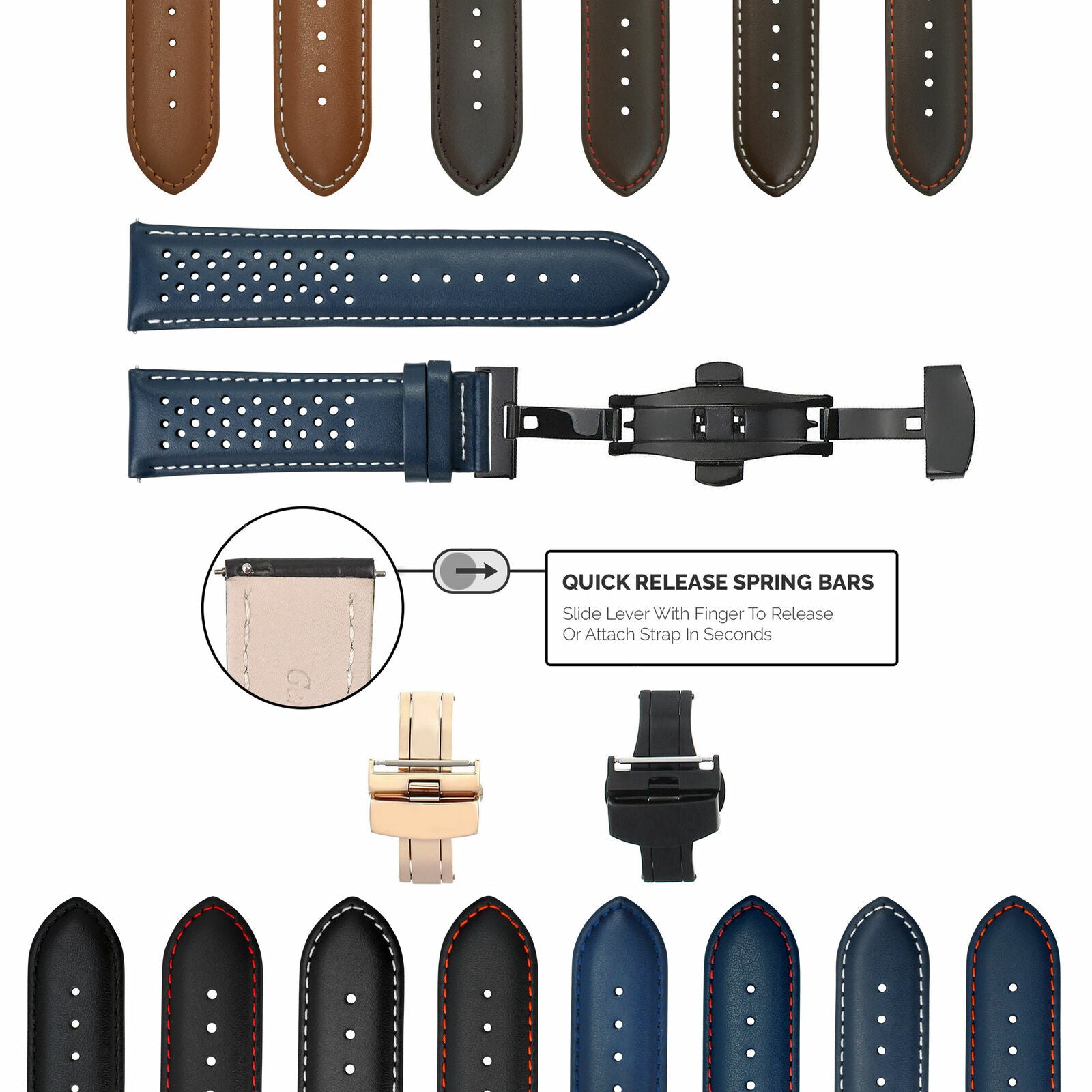 PERFORATED LEATHER RALLY WATCH STRAP BAND - QUICK RELEASE - 22MM