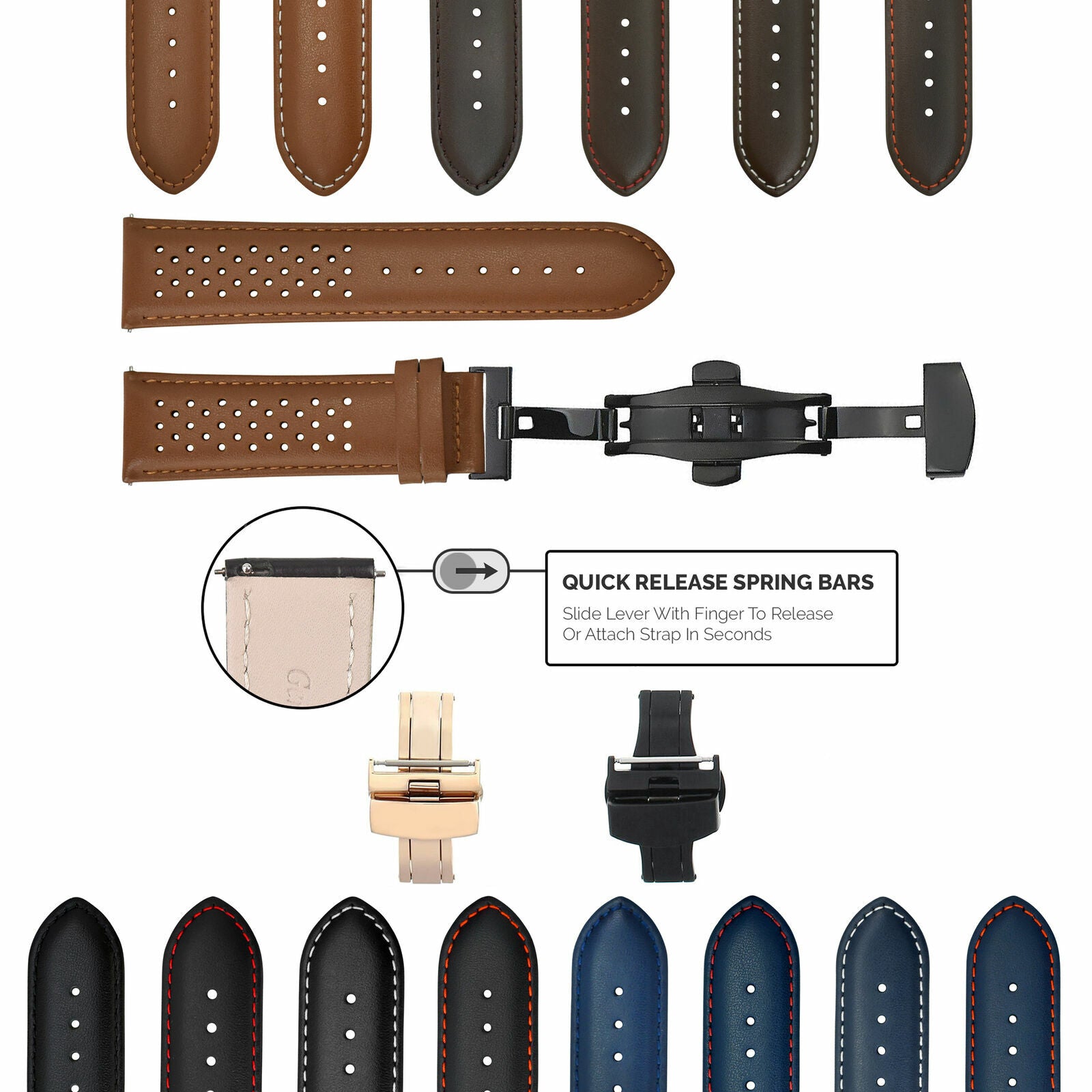 PERFORATED LEATHER RALLY WATCH STRAP BAND - QUICK RELEASE - 22MM